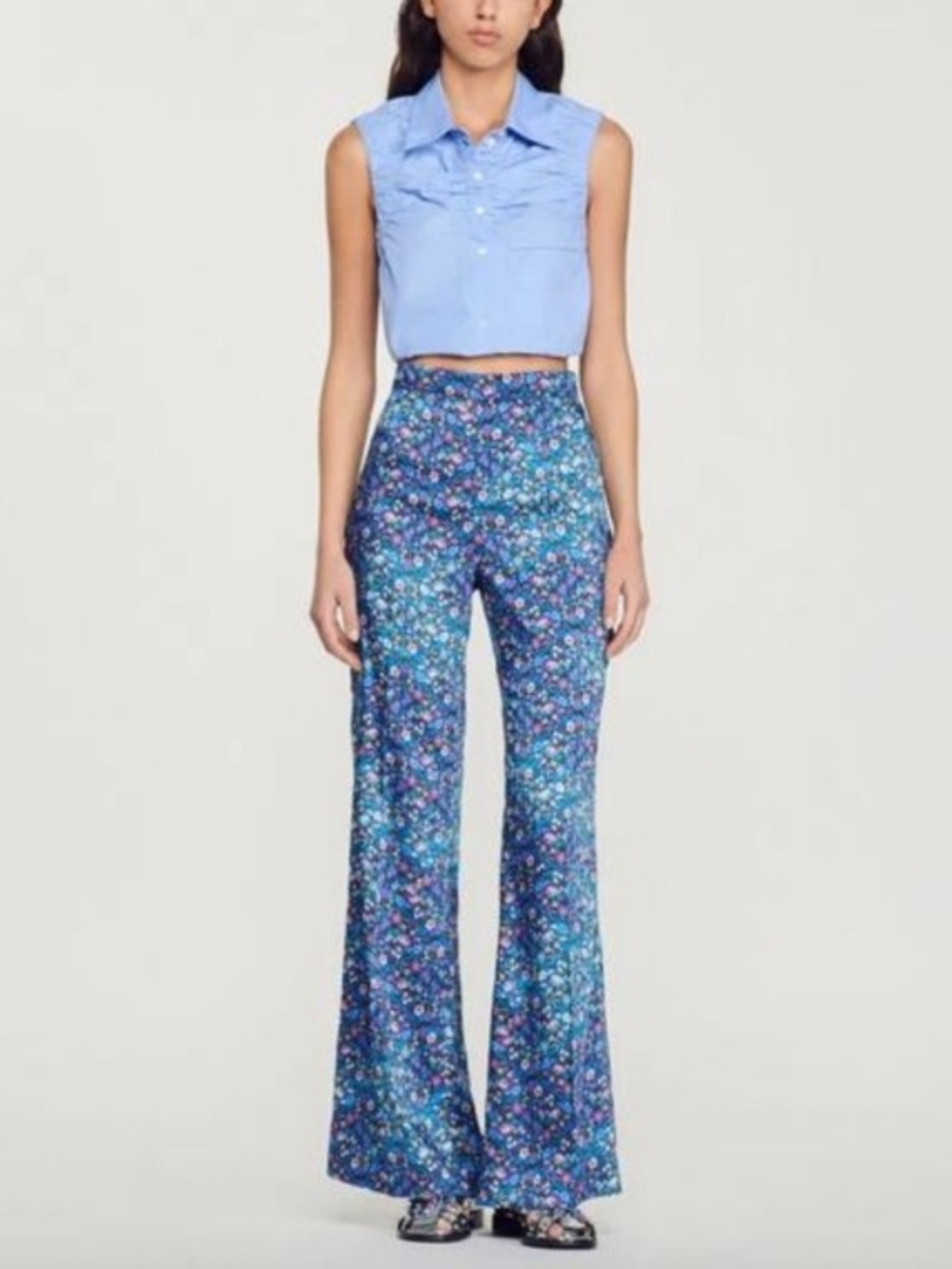 Sandro Blue Multi Floral Flowy Pants